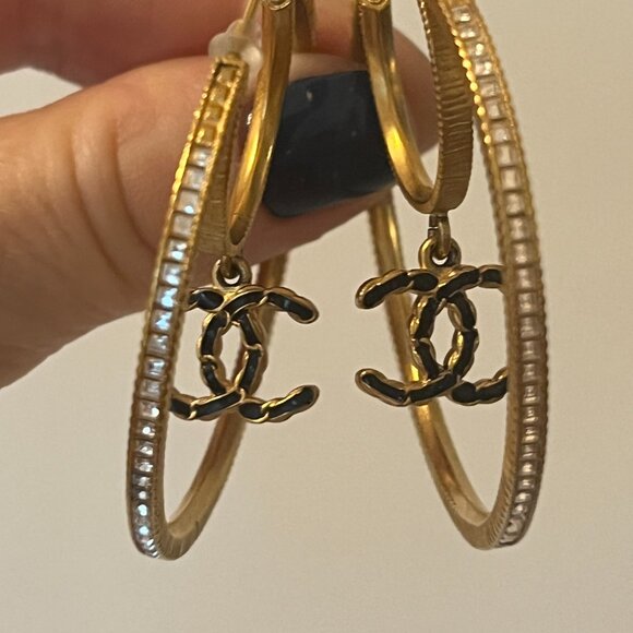 Chanel  Baguette Crystal CC Drop Hoop Earrings Gold - Picture 1 of 9